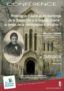 Conférence: Les Protestants d'Aunis et de Saintonge de la Révolution Française à la Grande Guerre